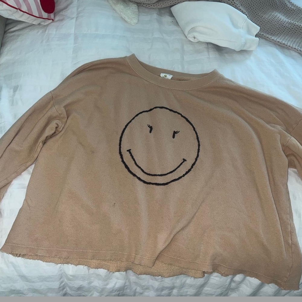 Tan Long Sleeve Sweatshirt with Smiley Face